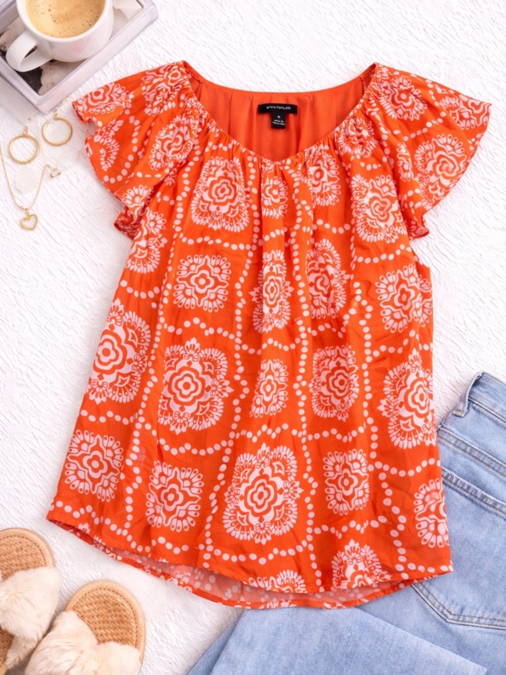 Ann Taylor Orange Printed Flutter Sleeve Blouse Size M